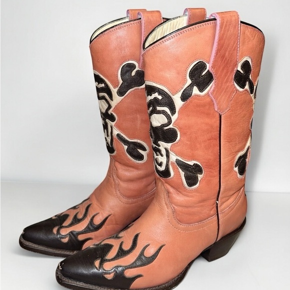 Corral Pink and Black Skull Flame Heeled Boots - Picture 3 of 7